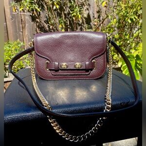 Coach Saddle Leather Bag Chocolate Brown With Leather  And Gold Chain